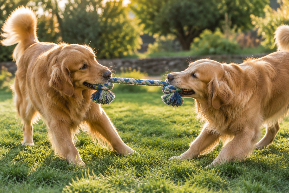 Dois cães golden retriever brincando juntos com um brinquedo de corda