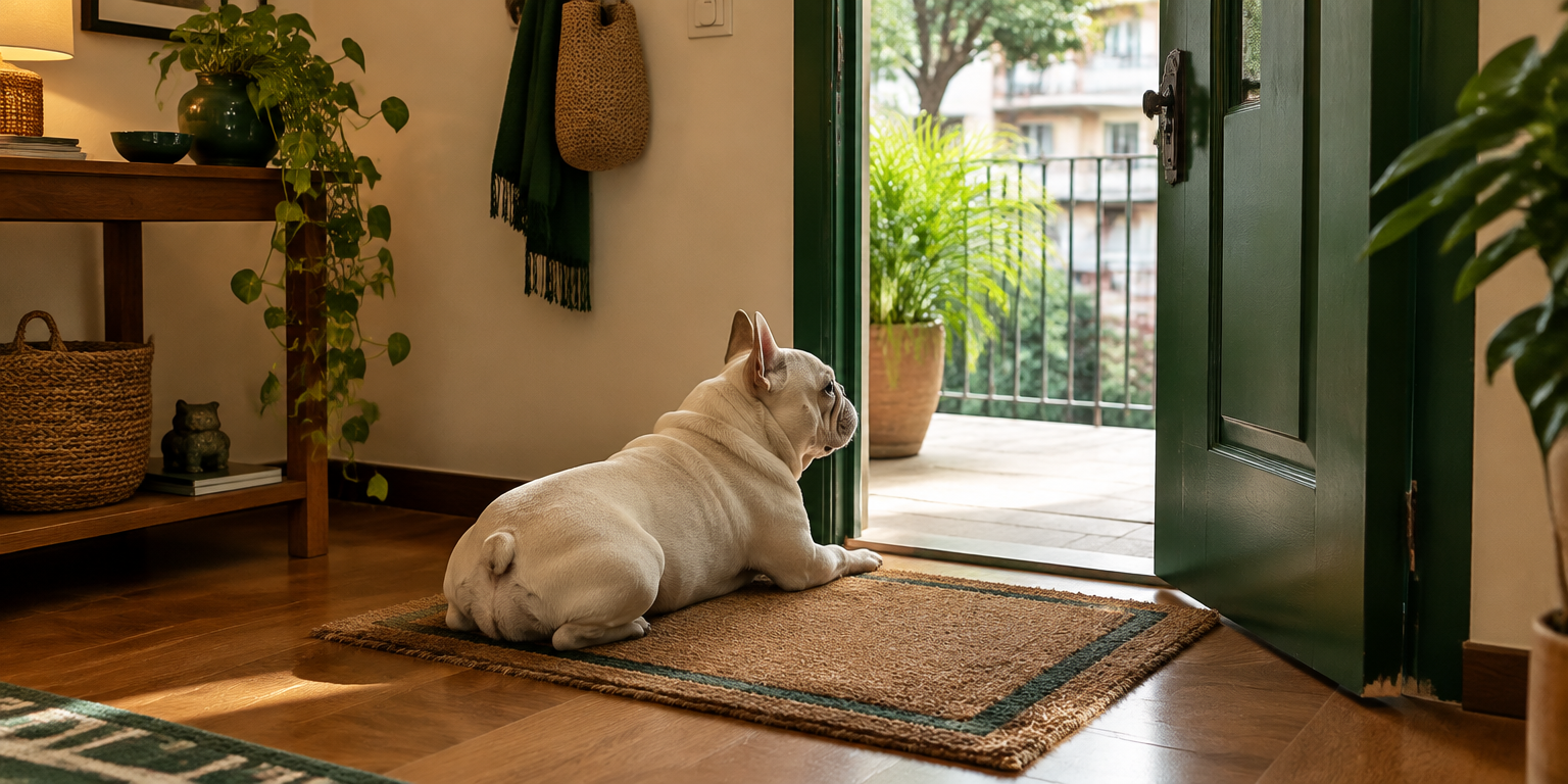 Bulldog branco deitado na entrada de casa, esperando o tutor voltar
